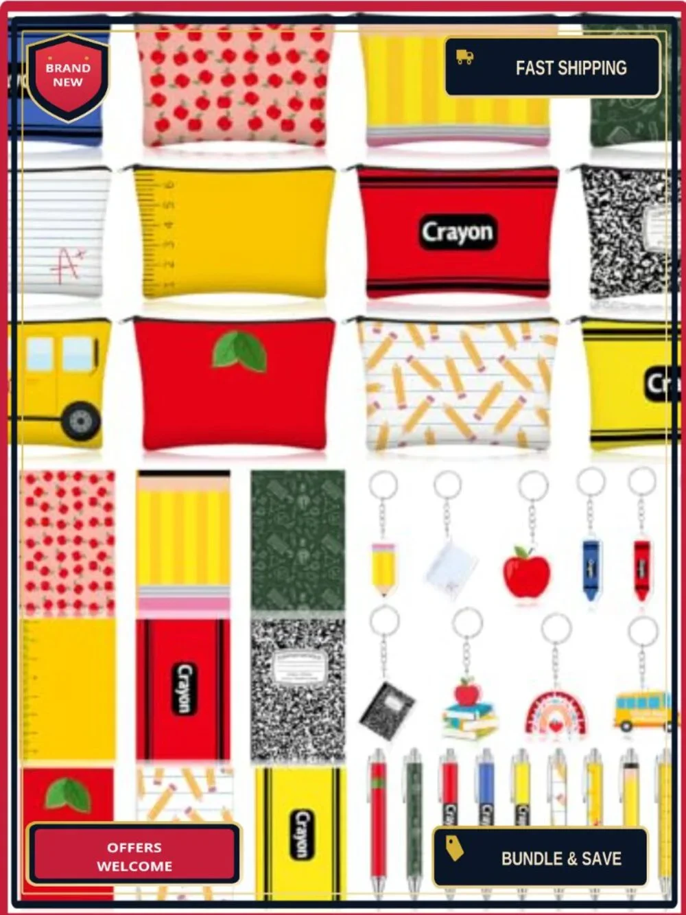 48 Pc Back to School Teacher Gift Set with Canvas Cosmetic Bags, Keychains,